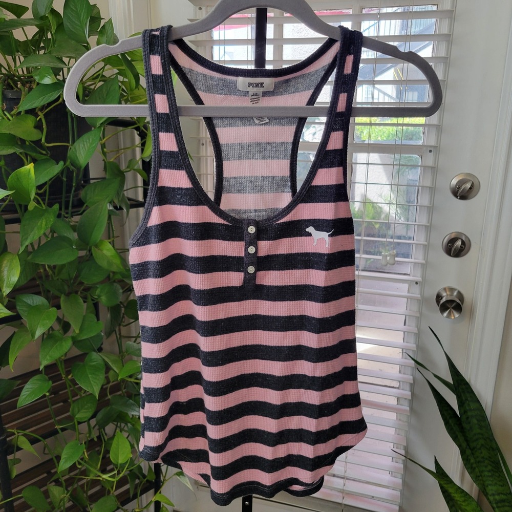 Pink Victoria's Secret Waffle Knit Henley Tank Top Striped Racerback Sleep Large